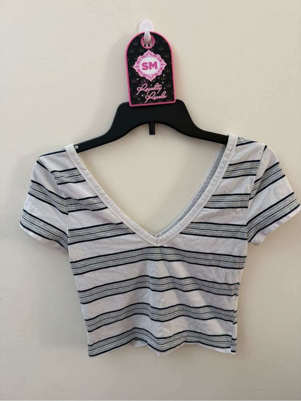 Striped V-Neck Crop Top - White & Black